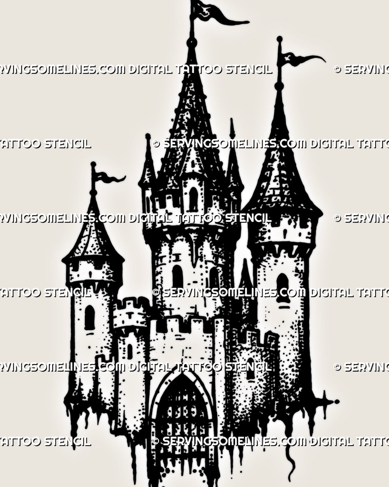 Printable medieval castle tattoo stencil with small fortress shape, pointed rooftops, battlements, arched windows, flags, and central gate