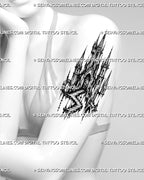 Medieval castle tattoo stencil shown on women’s arm with tall spires, staircase detail, and dark fantasy castle architecture