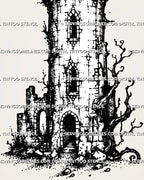 Close view of medieval castle tower design showing battlements, arched windows, stone block texture, doorway detail, cracks, and branch accents