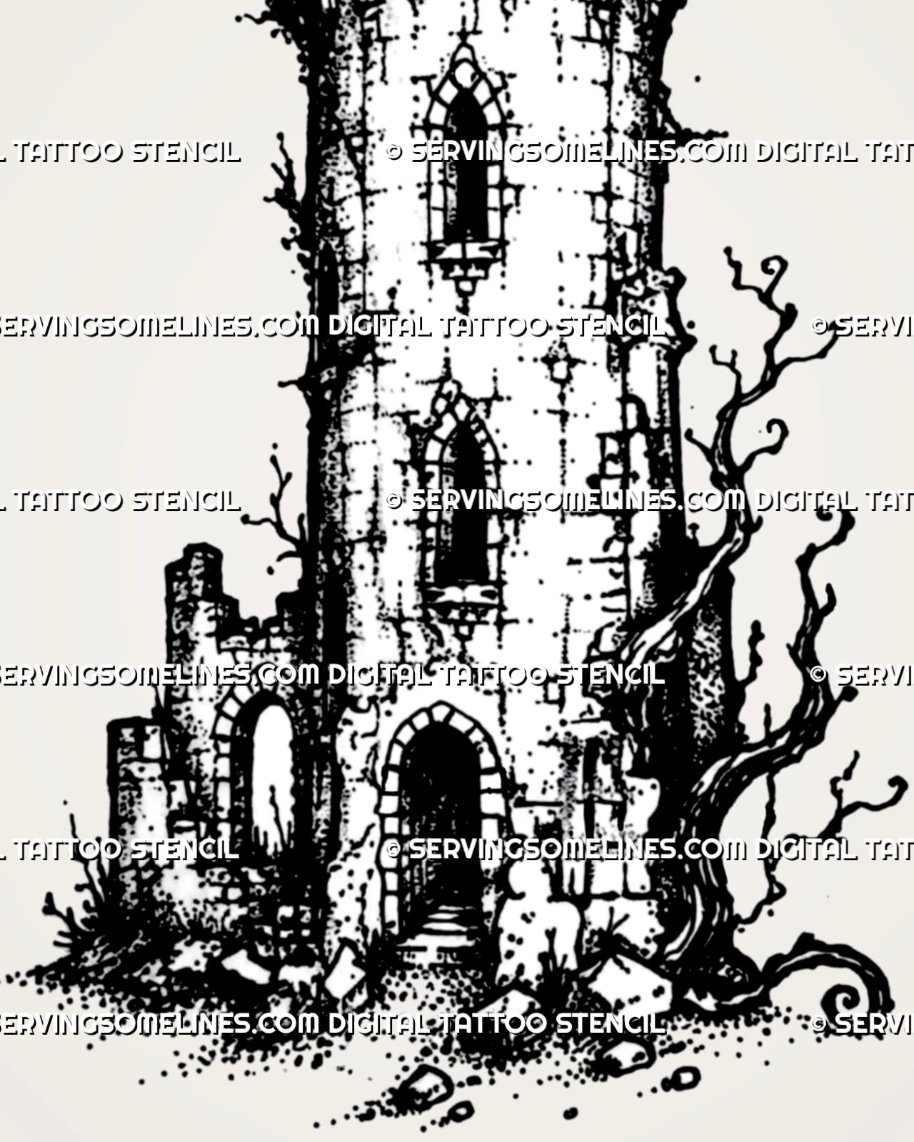 Close view of medieval castle tower design showing battlements, arched windows, stone block texture, doorway detail, cracks, and branch accents