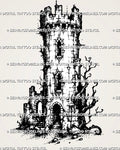 Medieval castle tower tattoo stencil with stone turret, battlements, arched windows, open doorway, cracked texture, and dark fantasy branches
