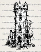 Medieval castle tower tattoo stencil with stone turret, battlements, arched windows, open doorway, cracked texture, and dark fantasy branches