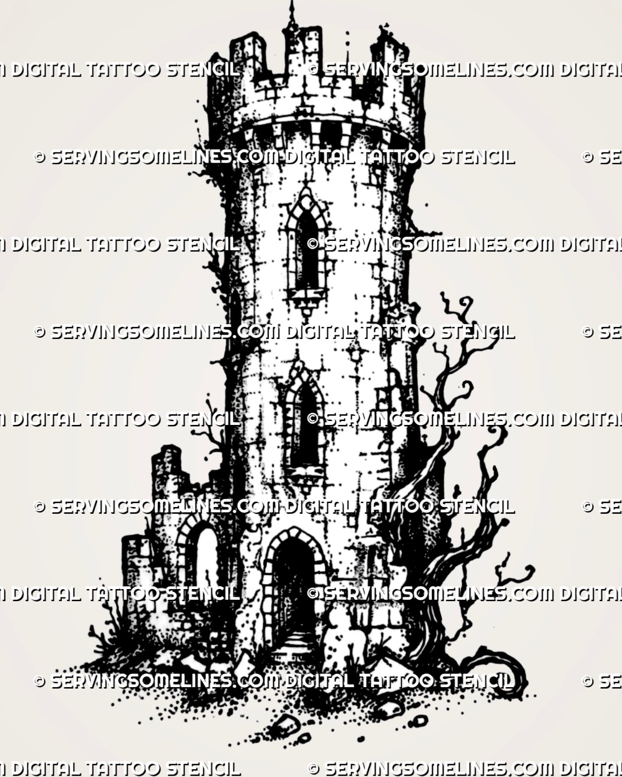 Medieval castle tower tattoo stencil with stone turret, battlements, arched windows, open doorway, cracked texture, and dark fantasy branches