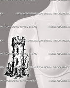 Medieval castle tower tattoo stencil shown on women’s front upper arm with stone turret, battlements, arched windows, and vertical tower shape