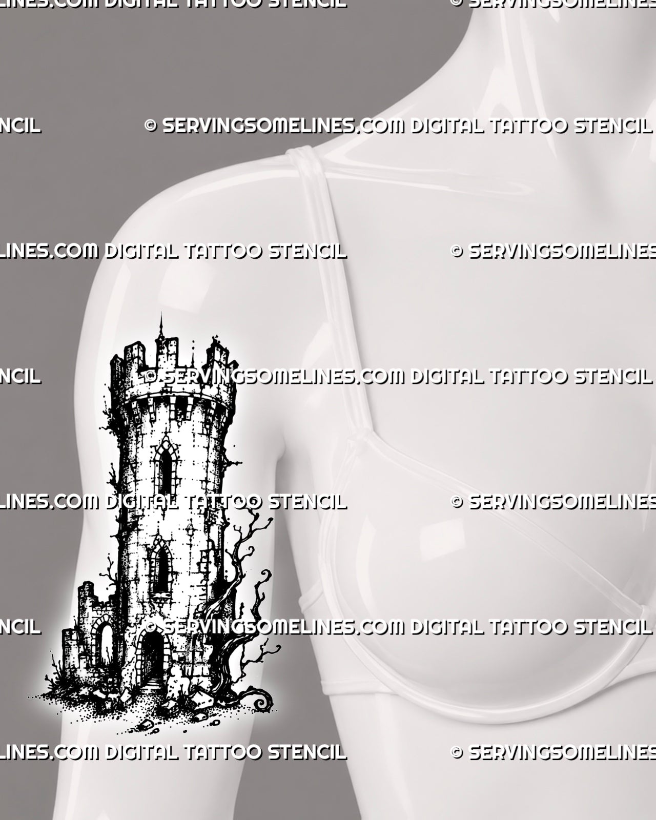 Medieval castle tower tattoo stencil shown on women’s front upper arm with stone turret, battlements, arched windows, and vertical tower shape
