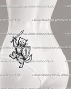 Medieval cat knight tattoo stencil shown on female lower back side with fluffy armored cat, raised sword, shield detail, curled tail, and fantasy tattoo placement