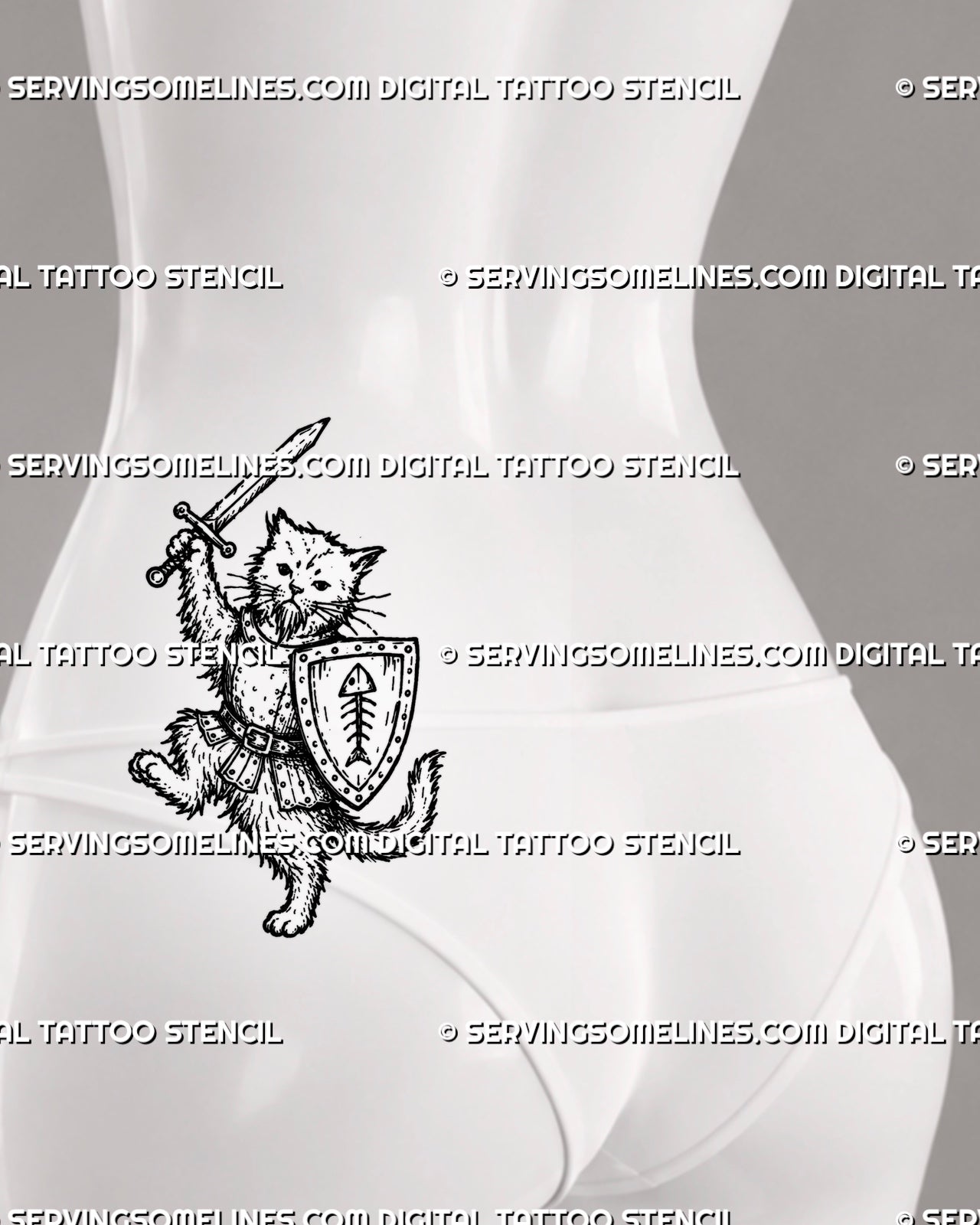 Medieval cat knight tattoo stencil shown on female lower back side with fluffy armored cat, raised sword, shield detail, curled tail, and fantasy tattoo placement