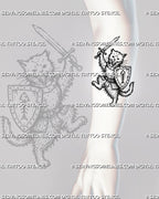 Medieval cat knight tattoo stencil shown on forearm with armored cat, raised sword, shield, fish-bone emblem, and playful fantasy tattoo detail