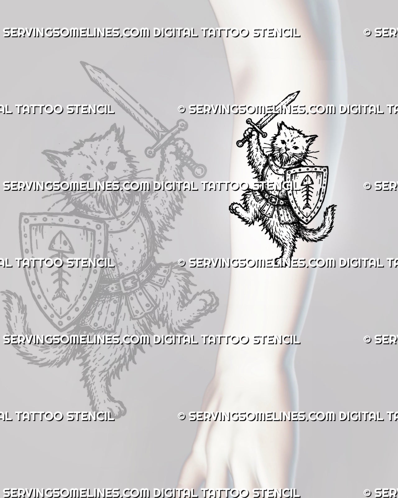 Medieval cat knight tattoo stencil shown on forearm with armored cat, raised sword, shield, fish-bone emblem, and playful fantasy tattoo detail