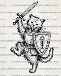 Medieval cat knight tattoo stencil with fluffy armored cat, raised sword, shield with fish-bone emblem, belt detail, curled tail, and fantasy linework