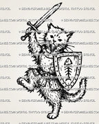 Medieval cat knight tattoo stencil with fluffy armored cat, raised sword, shield with fish-bone emblem, belt detail, curled tail, and fantasy linework