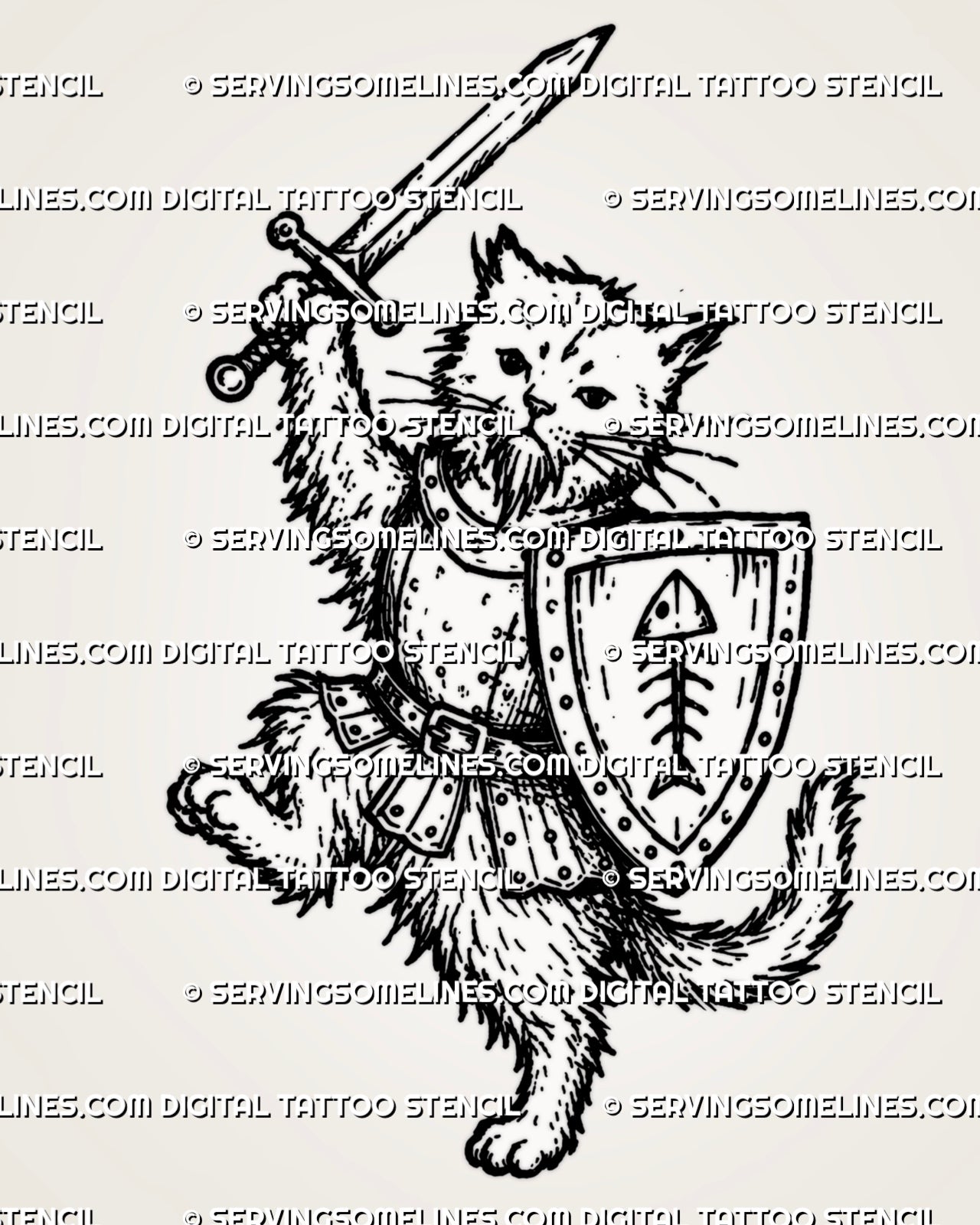 Medieval cat knight tattoo stencil with fluffy armored cat, raised sword, shield with fish-bone emblem, belt detail, curled tail, and fantasy linework