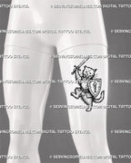 Medieval cat knight tattoo stencil shown on thigh with raised sword, shield, armor detail, curled tail, and playful fantasy cat design