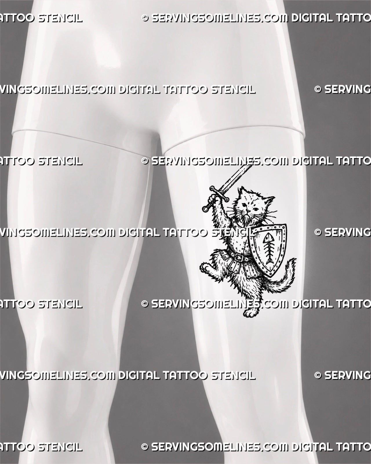Medieval cat knight tattoo stencil shown on thigh with raised sword, shield, armor detail, curled tail, and playful fantasy cat design