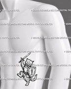 Medieval cat tattoo stencil shown on men’s side stomach with armored cat knight, raised sword, shield, fish-bone emblem, and fantasy tattoo design