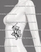 Medieval cat tattoo stencil shown on women’s ribs with armored cat knight, raised sword, shield, fish-bone emblem, and full-body fantasy layout