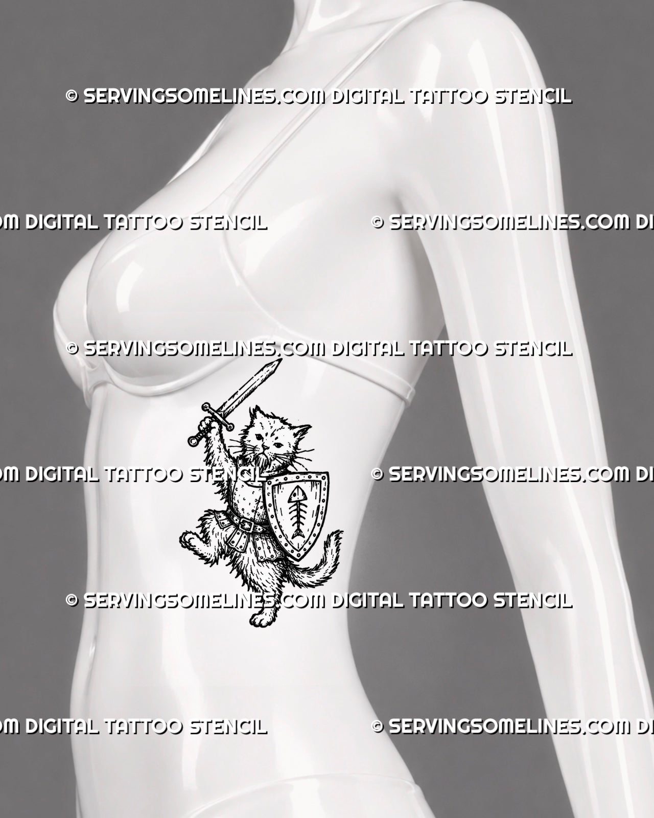 Medieval cat tattoo stencil shown on women’s ribs with armored cat knight, raised sword, shield, fish-bone emblem, and full-body fantasy layout