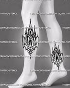 Medieval church tattoo stencil shown on calf and ankle with tall spires, cross details, arched windows, and vertical sacred architecture shape