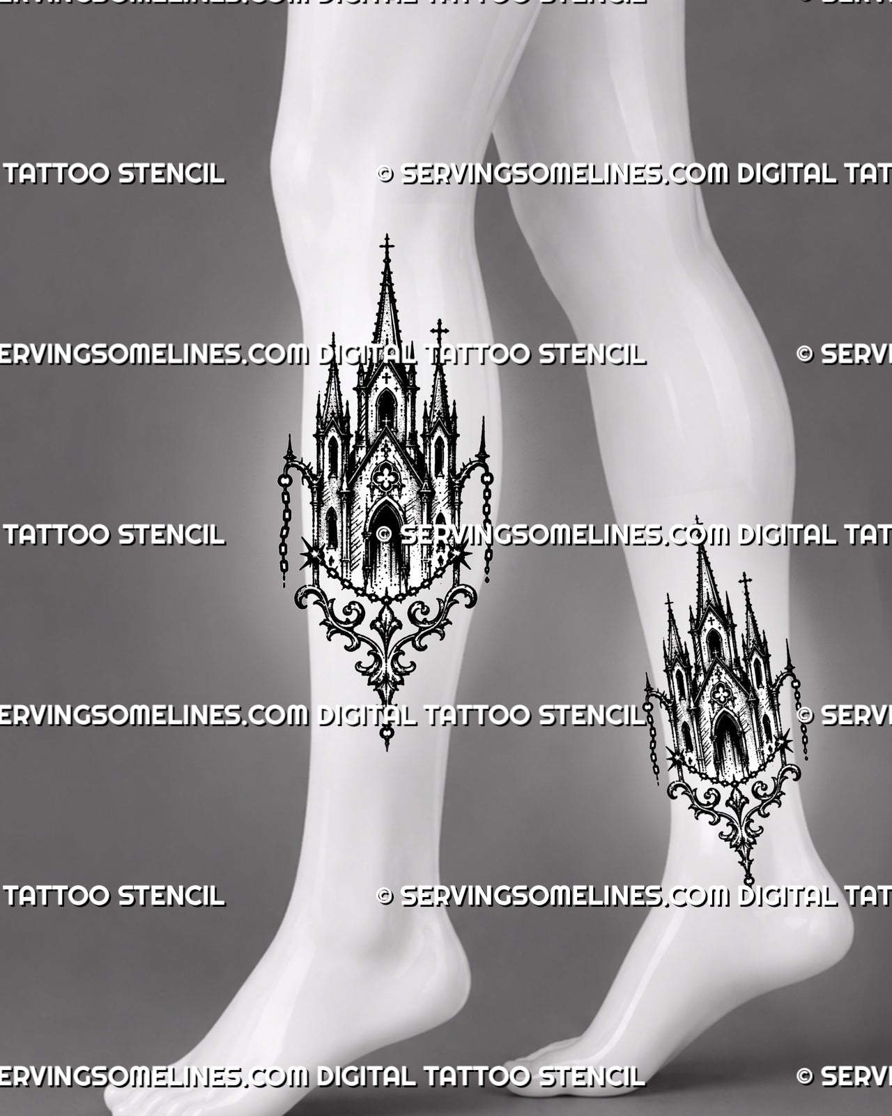 Medieval church tattoo stencil shown on calf and ankle with tall spires, cross details, arched windows, and vertical sacred architecture shape