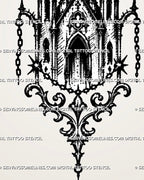 Close view of medieval church tattoo stencil showing cross finials, pointed arch windows, quatrefoil details, chain ornaments, and gothic-style architecture lines