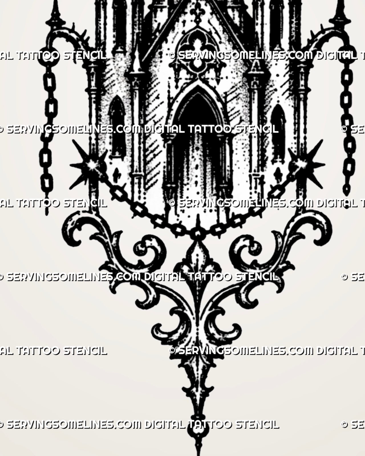 Close view of medieval church tattoo stencil showing cross finials, pointed arch windows, quatrefoil details, chain ornaments, and gothic-style architecture lines