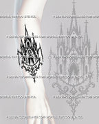 Medieval church tattoo stencil shown on forearm with vertical church silhouette, pointed spires, arched windows, crosses, and dark ornamental detail