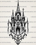 Medieval church tattoo stencil with tall spires, cross finials, pointed arch windows, chain ornaments, and sacred architecture detail