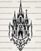 Medieval church tattoo stencil with tall spires, cross finials, pointed arch windows, chain ornaments, and sacred architecture detail