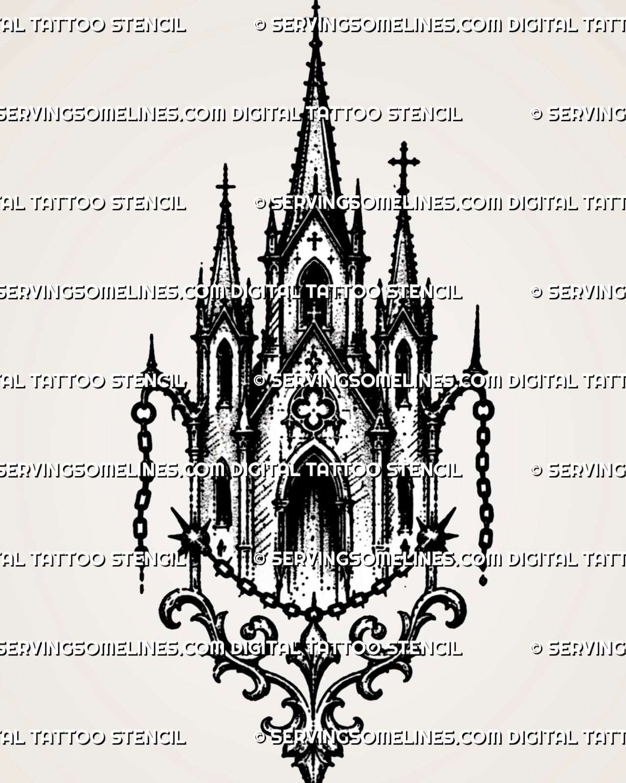 Medieval church tattoo stencil with tall spires, cross finials, pointed arch windows, chain ornaments, and sacred architecture detail
