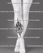 Medieval church tattoo stencil shown on shin with tall sacred architecture shape, pointed spires, cross details, chains, and ornamental lower flourish