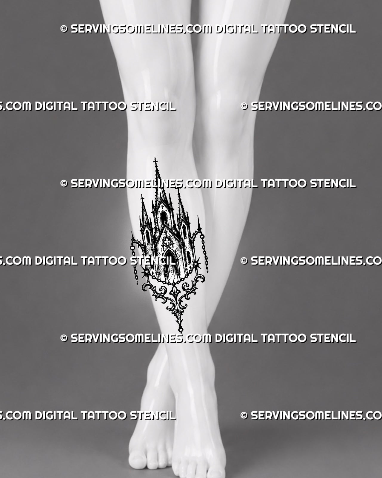 Medieval church tattoo stencil shown on shin with tall sacred architecture shape, pointed spires, cross details, chains, and ornamental lower flourish