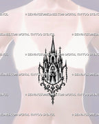 Medieval church tattoo stencil shown on women’s sternum with symmetrical sacred architecture, pointed arches, cross finials, and chain ornaments