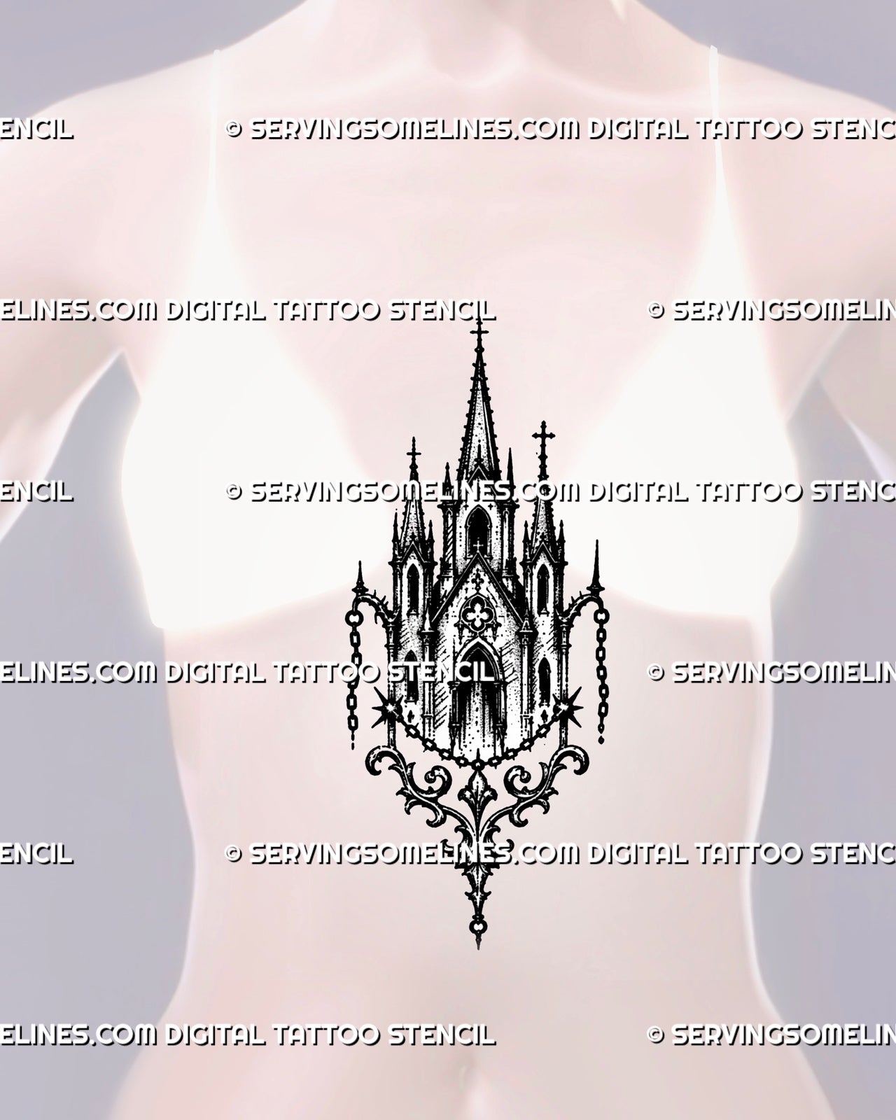 Medieval church tattoo stencil shown on women’s sternum with symmetrical sacred architecture, pointed arches, cross finials, and chain ornaments