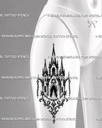 Medieval church tattoo stencil shown on women’s thigh with sacred architecture design, tall spires, chains, cross details, and ornamental church structure
