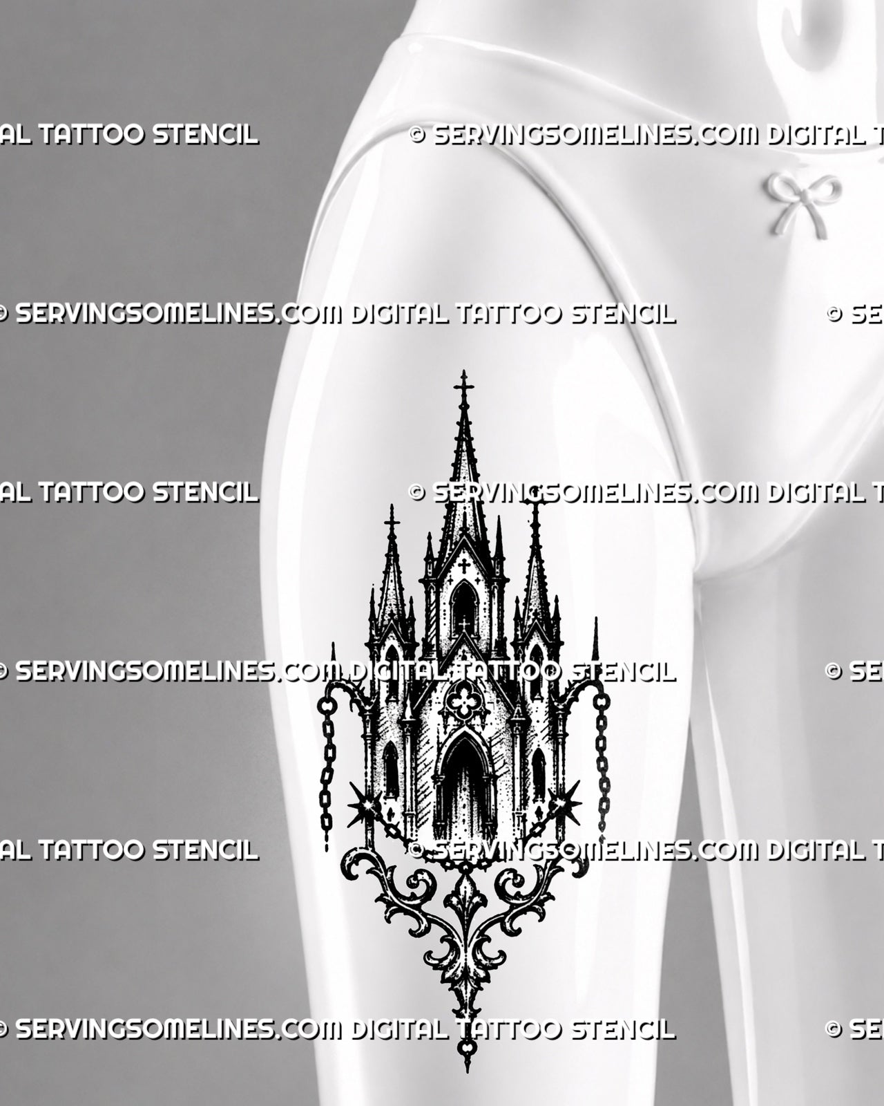 Medieval church tattoo stencil shown on women’s thigh with sacred architecture design, tall spires, chains, cross details, and ornamental church structure