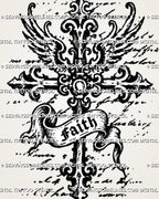 Medieval cross tattoo stencil with ornate gothic cross, wing accents, faith banner, fleur-de-lis details, pointed ends, and dark woodcut-style linework
