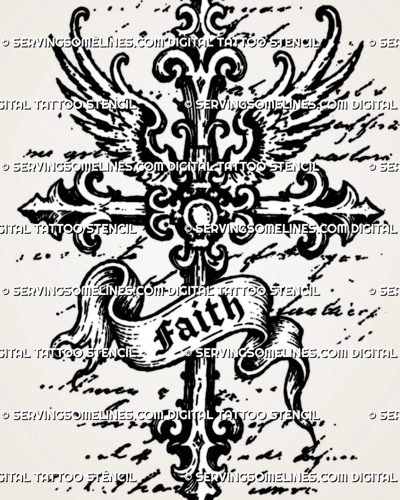 Medieval cross tattoo stencil with ornate gothic cross, wing accents, faith banner, fleur-de-lis details, pointed ends, and dark woodcut-style linework