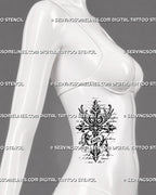 Medieval cross tattoo stencil shown on female side body with ornate gothic cross, wing accents, faith banner, pointed ends, and vertical sacred design