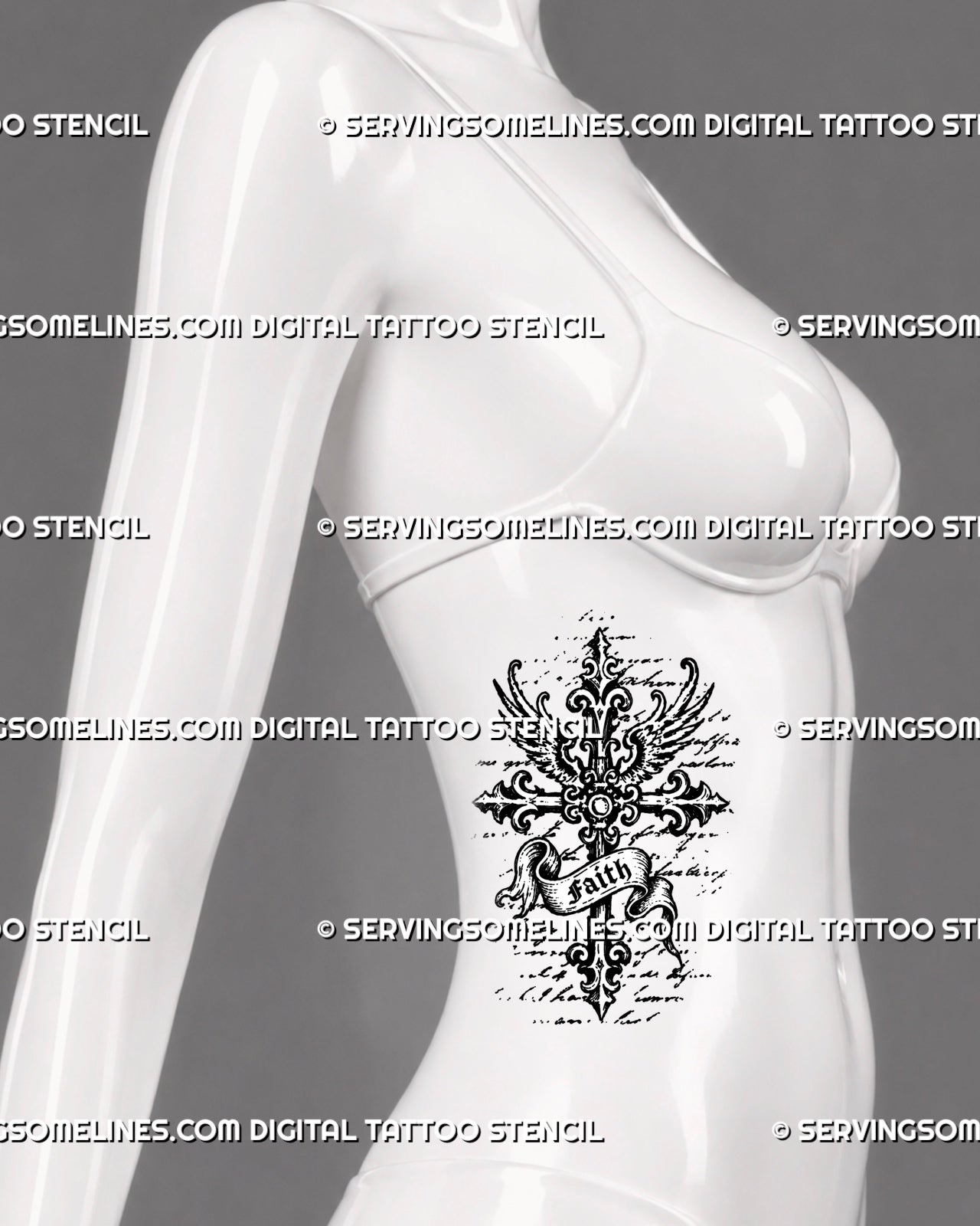 Medieval cross tattoo stencil shown on female side body with ornate gothic cross, wing accents, faith banner, pointed ends, and vertical sacred design