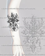 Medieval cross tattoo stencil shown on forearm with vertical gothic cross, faith banner, wing accents, pointed ends, and ornamental sacred linework