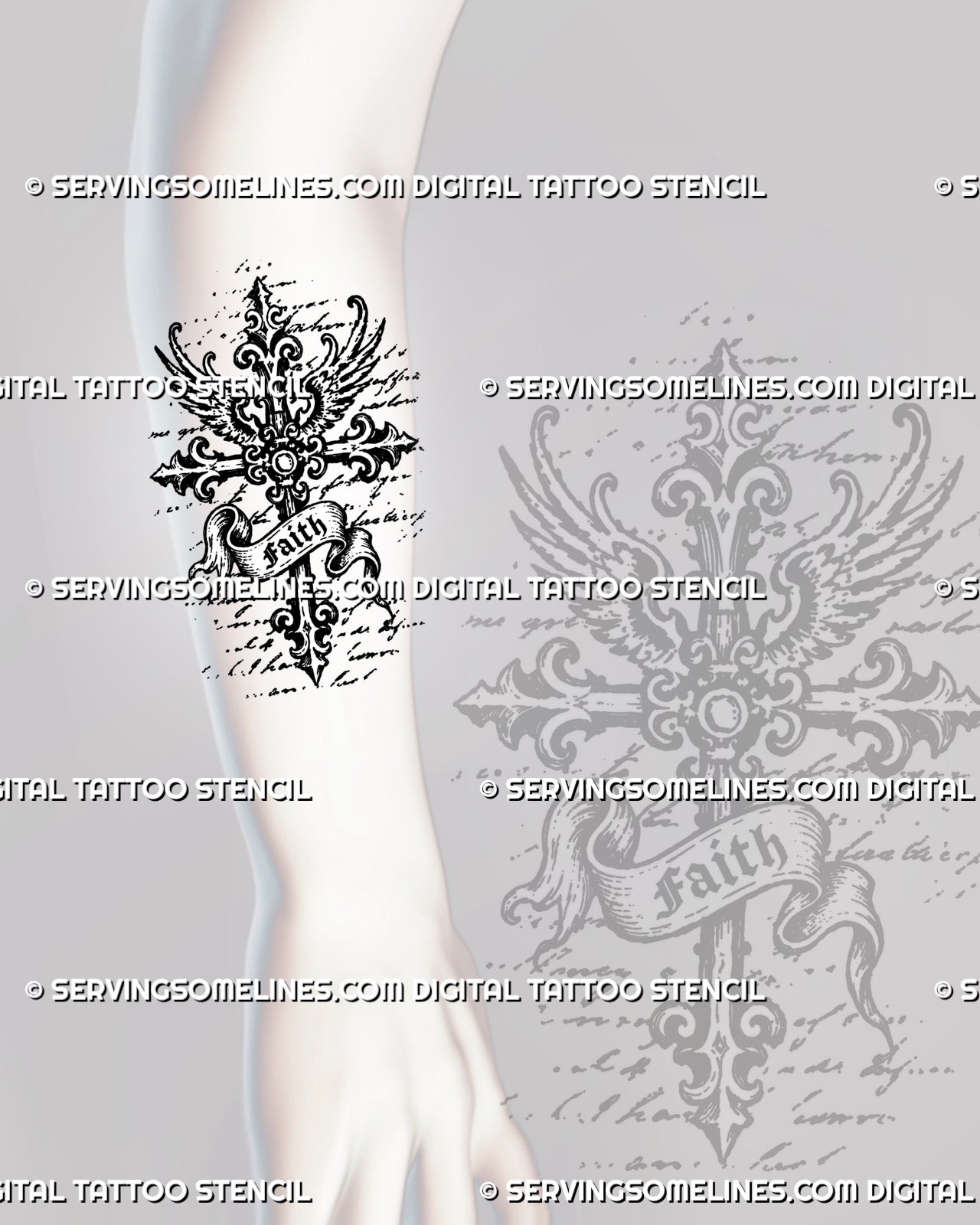 Medieval cross tattoo stencil shown on forearm with vertical gothic cross, faith banner, wing accents, pointed ends, and ornamental sacred linework