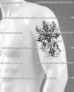 Medieval cross tattoo stencil shown on men’s upper arm with gothic cross, wing accents, faith banner, pointed ends, and strong religious tattoo for men style