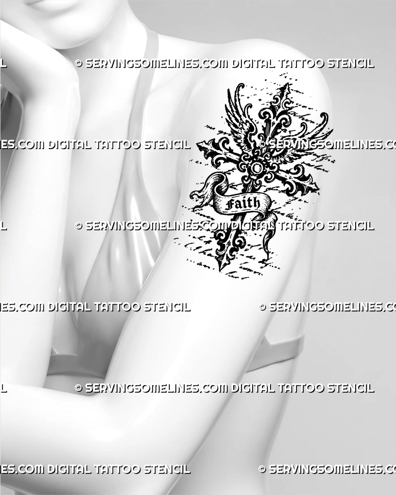 Medieval cross tattoo stencil shown on women’s arm with winged gothic cross, faith banner, fleur-de-lis detail, and ornamental religious linework