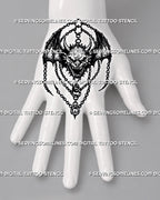 Medieval demon tattoo stencil shown on top of hand with horned face, bat wings, chain detail, and compact dark fantasy shape