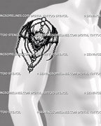 Medieval demon tattoo stencil shown on men’s arm with horned face, bat wings, chain details, and dark fantasy flash shape
