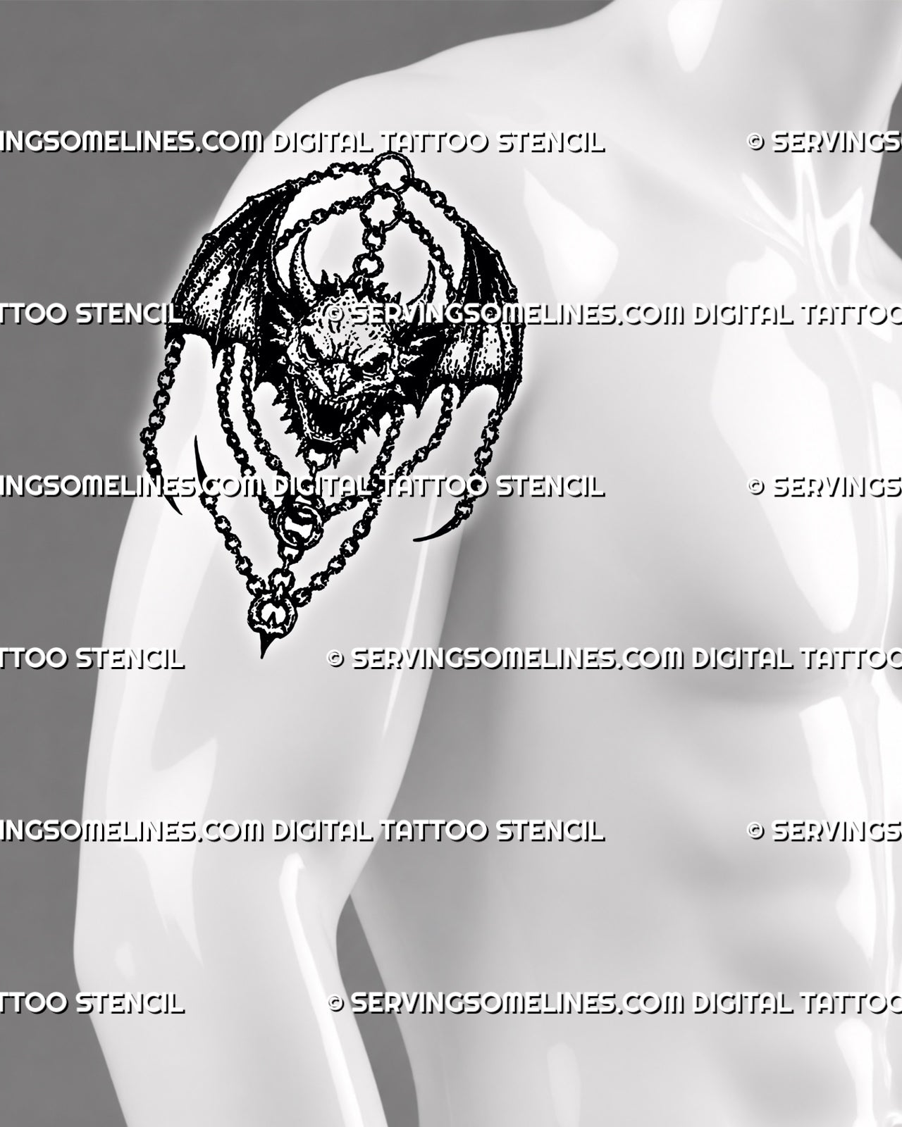 Medieval demon tattoo stencil shown on men’s arm with horned face, bat wings, chain details, and dark fantasy flash shape