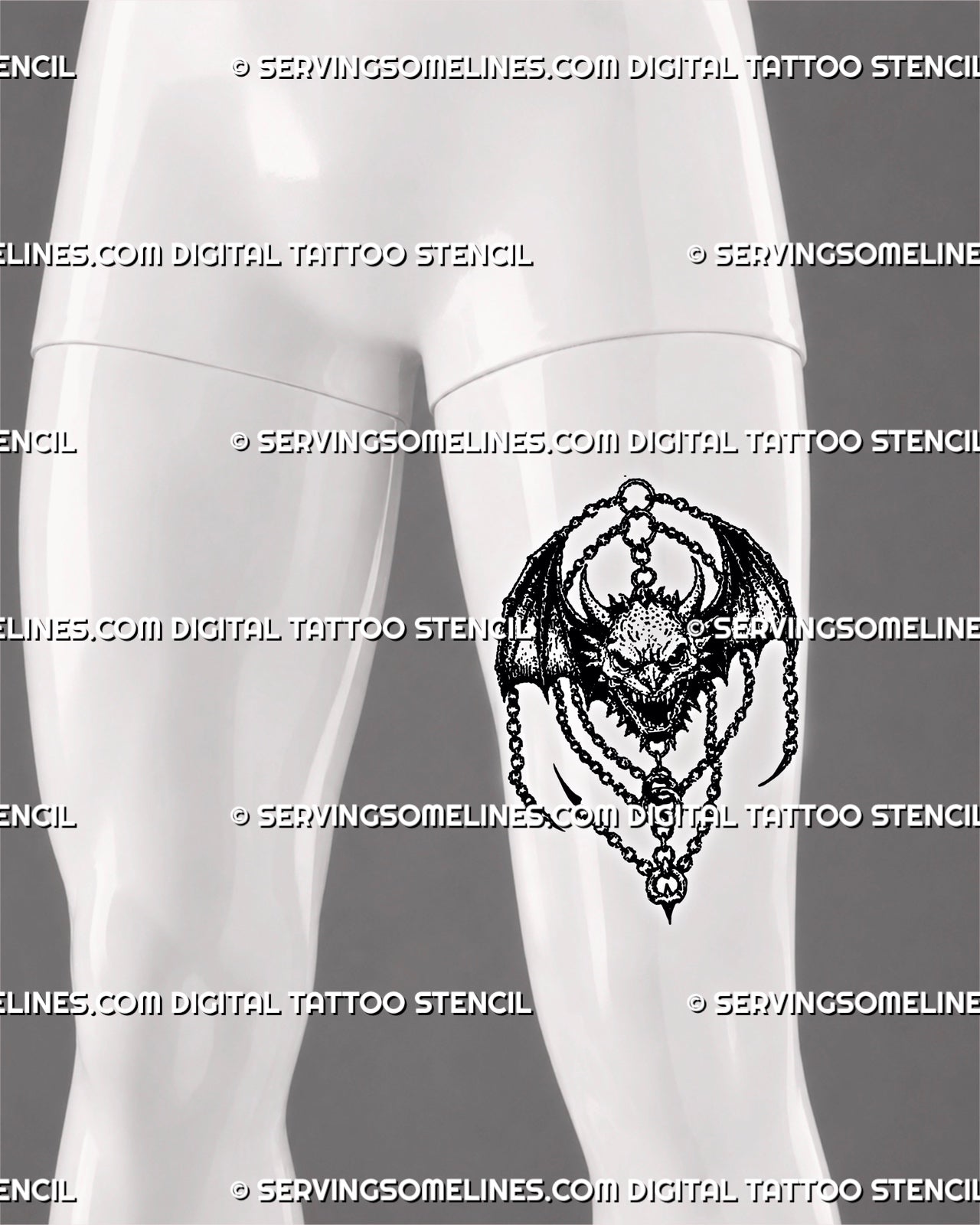 Medieval devil flash tattoo stencil shown on men’s thigh with winged demon face, chain details, bat wings, and dark fantasy blackwork texture