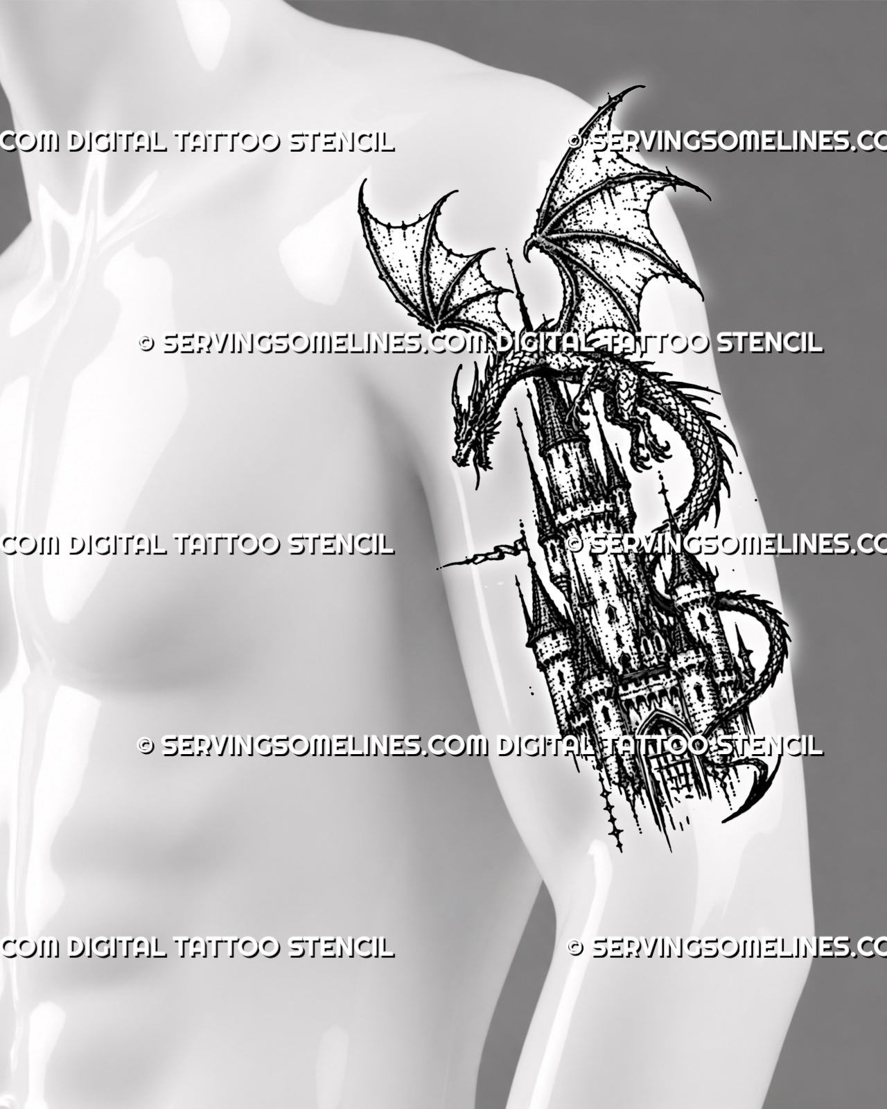 Medieval dragon castle tattoo stencil shown on men’s upper arm with winged dragon, castle tower, pointed rooftops, and arched gate detail