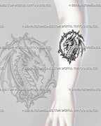 Medieval dragon head tattoo stencil shown on forearm with vertical framed dragon portrait, horns, teeth, visible eye, scales, and wing detail