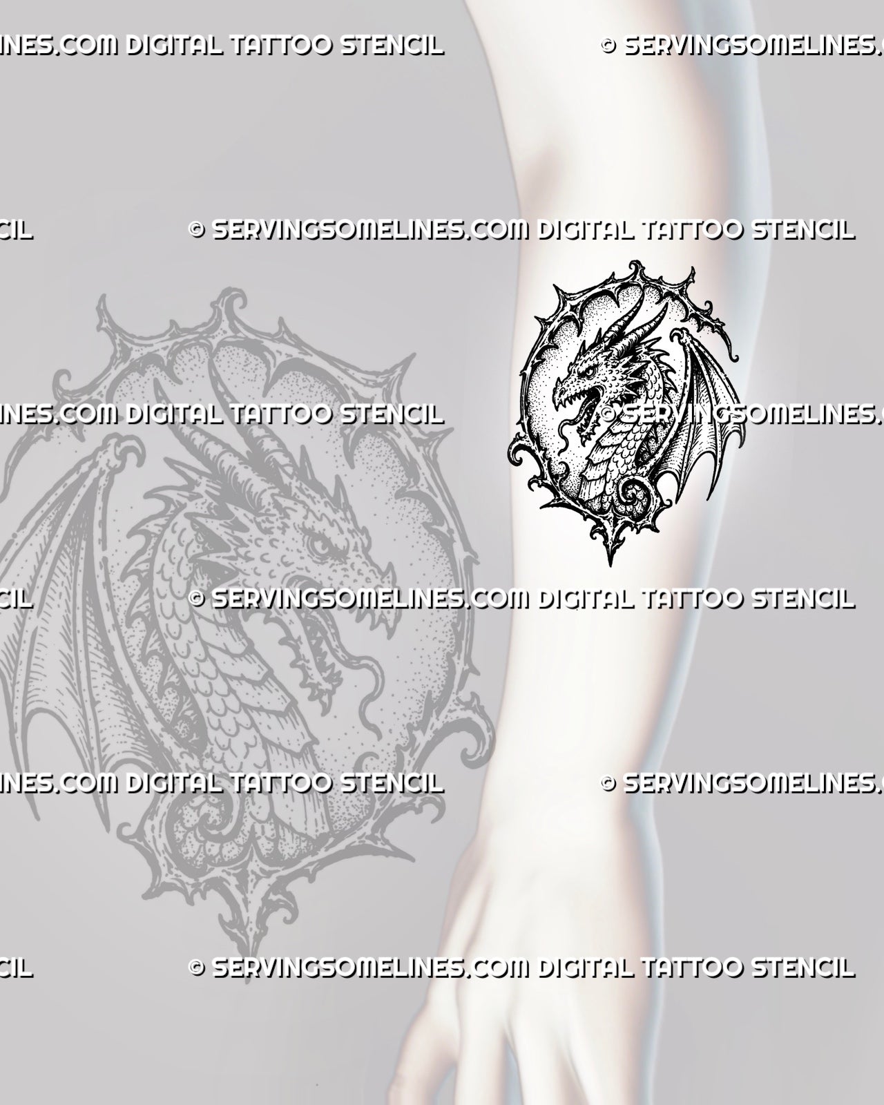 Medieval dragon head tattoo stencil shown on forearm with vertical framed dragon portrait, horns, teeth, visible eye, scales, and wing detail